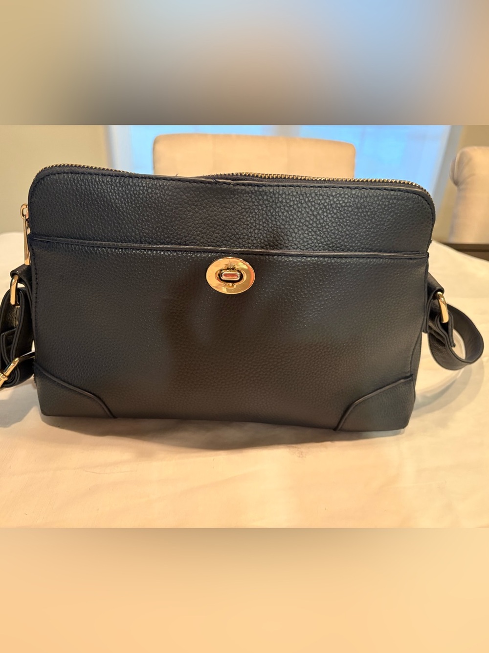 Classic Navy Leather Turn-Lock Shoulder Bag